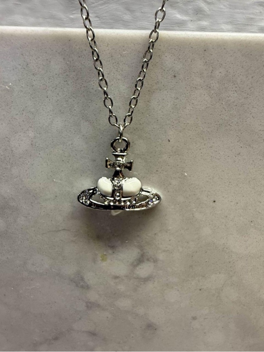 Silver Orb Pendant Necklace with White Accents